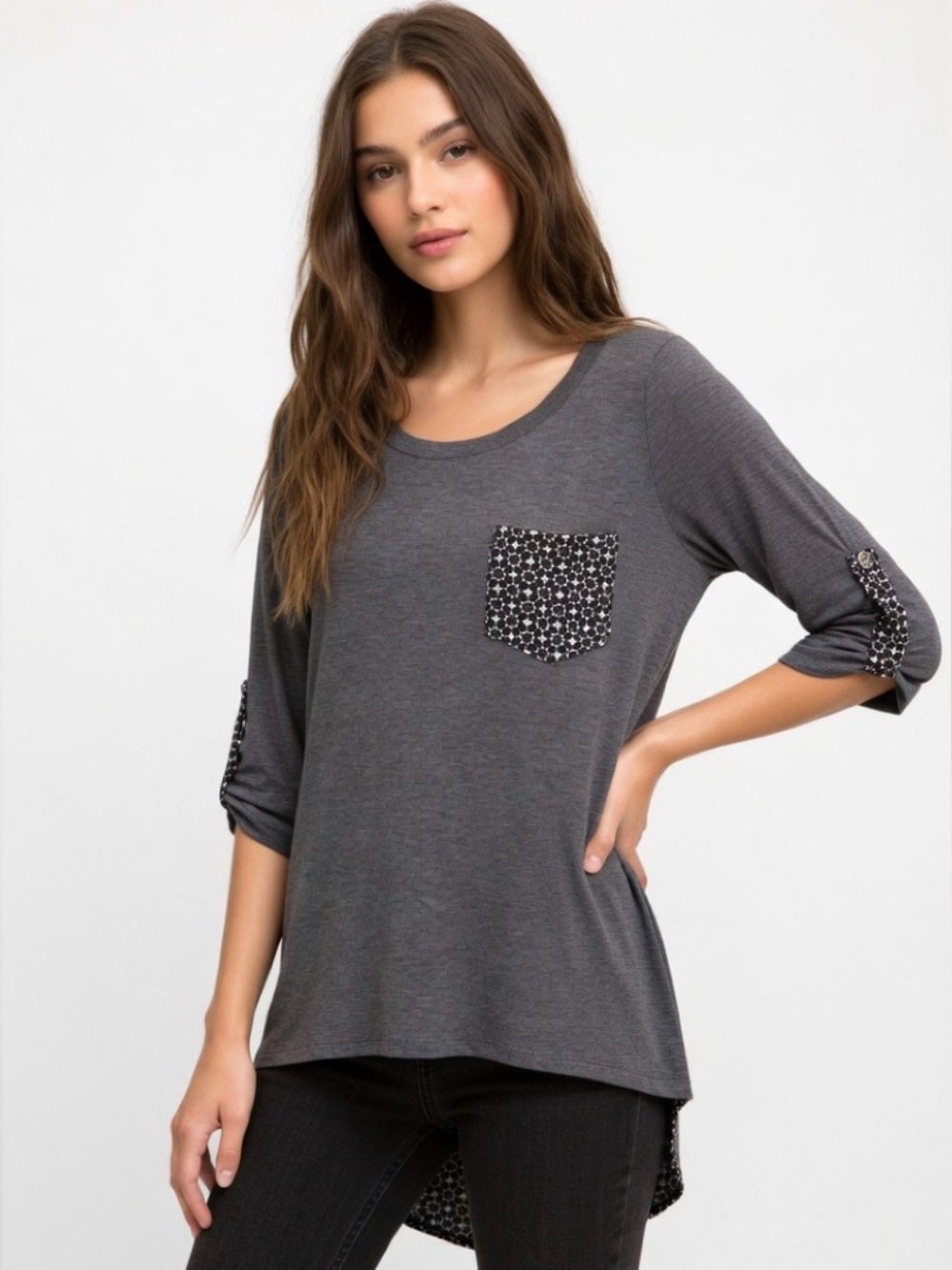 Ezra Gray Black Knit Hi Lo Tunic Top Roll Tab 3/4 Sleeve